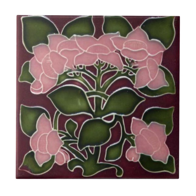 Decorative Ceramic Tile - Pink Floral Art Nouveau  (Front)