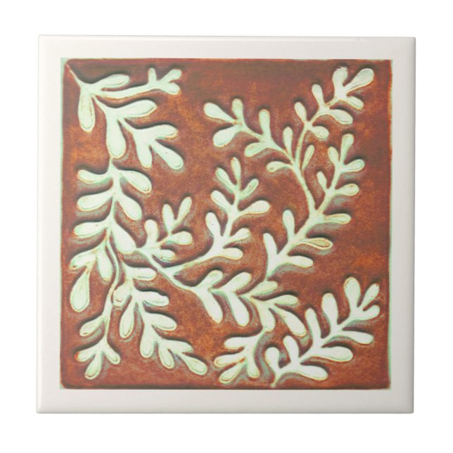 Decorative Ceramic tile, rust & white leaves Tile (Front)