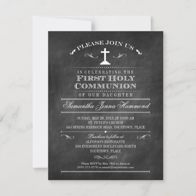 Decorative Chalkboard First Holy Communion Invitation (Front)