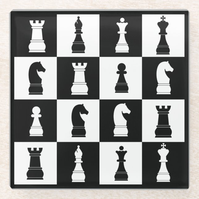 Decorative Chess Game Pattern Black and White Glass Coaster (Front)