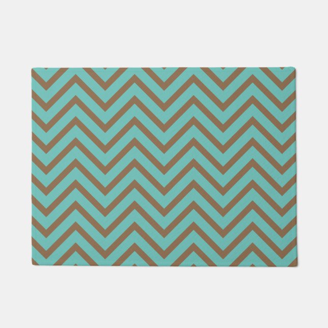 Decorative Chevron Pattern Light Teal And Brown Doormat (Front)