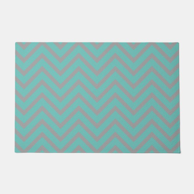 Decorative Chevron Pattern Light Teal And Grey Doormat (Front)