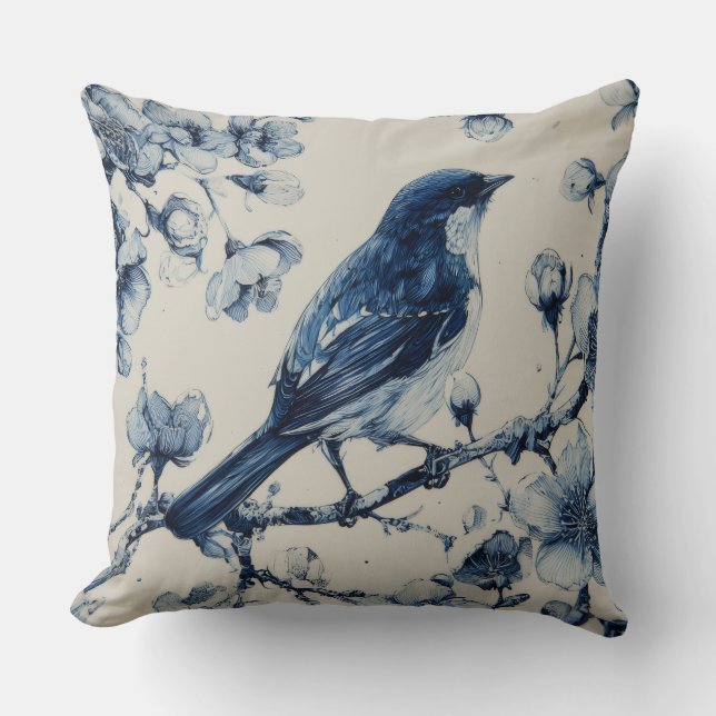 Decorative Chinoiserie Bird Flowers Throw Pillow (Front)