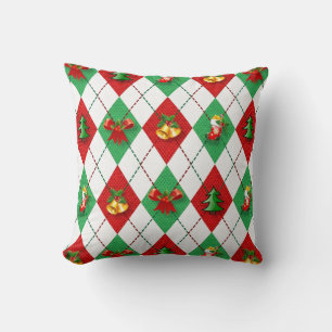 Decorative Christmas argyle green red fabric Throw Pillow