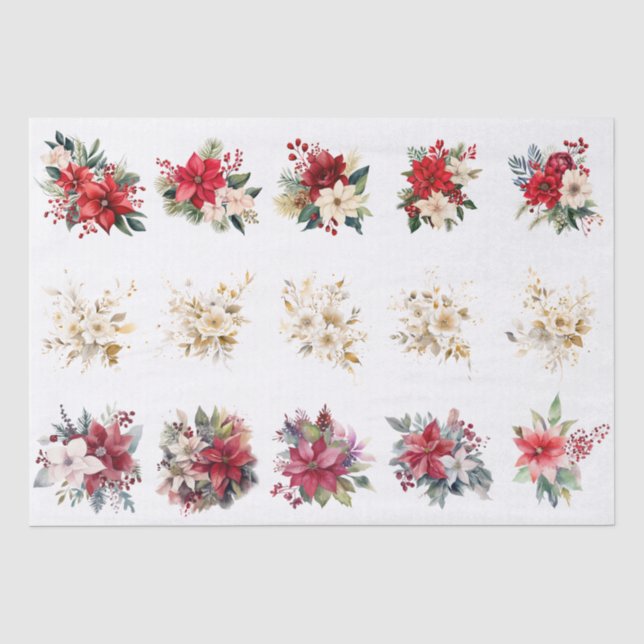 Decorative Christmas Florals For Shell Decoupage Tissue Paper (Front)