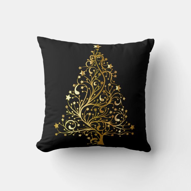 Decorative Christmas Gold Glitter Tree Black Throw Pillow (Front)