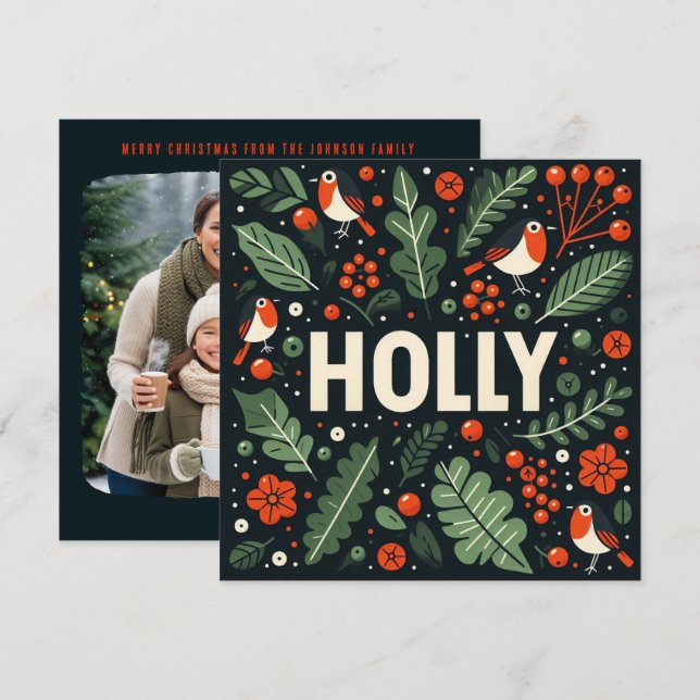 Decorative Christmas holly berries and robins Holiday Card (Front/Back)