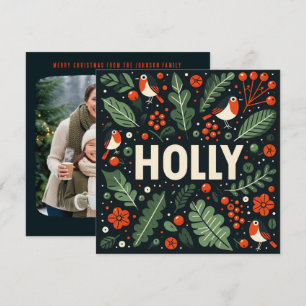 Decorative Christmas holly berries and robins Holiday Card