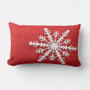 Decorative Christmas Red Glitter Snowflake Holiday Lumbar Pillow