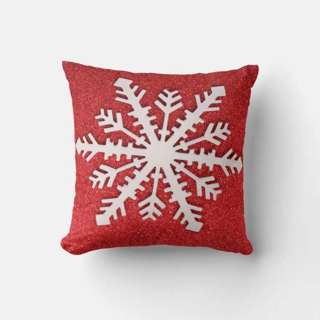 Decorative Christmas Red Glitter Snowflake Holiday Throw Pillow (Front)