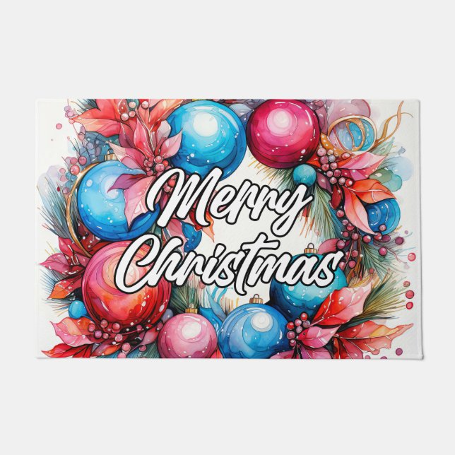 Decorative Christmas Wreath | Happy Holidays Doormat (Front)