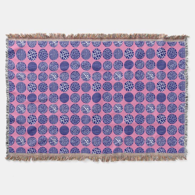Decorative Circles - Deep Navy and White with Pink Throw Blanket (Front)