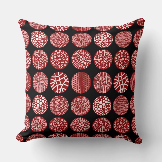 Decorative Circles - Ruby Red and Black Throw Pillow (Front)