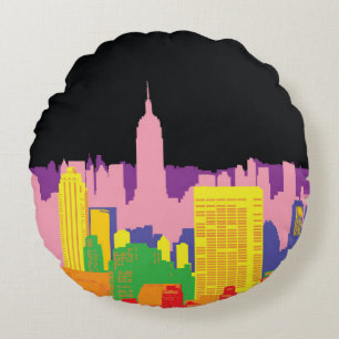 Decorative city skyline background urban buildings round pillow