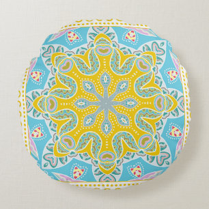 Decorative colorful ornament on white background, round pillow