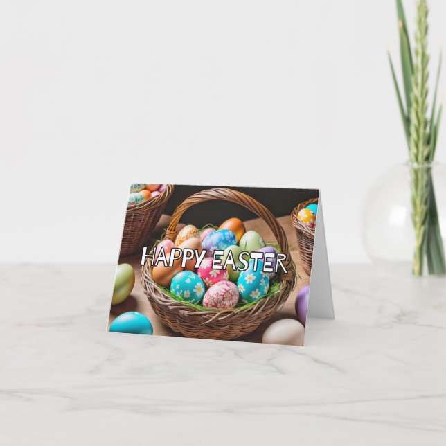Decorative Colourful Easter Holiday Eggs & Basket Card (Front)