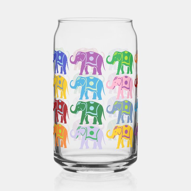 Decorative Colourful Elephants Pattern Can Glass (Front)