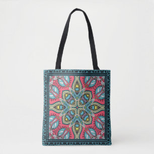 Decorative colourful ornament on a black backgroun tote bag