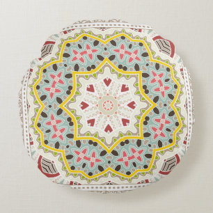Decorative colourful ornament on white background, round pillow