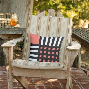 Decorative Coral White Black Grid Stripe Pattern Outdoor Pillow