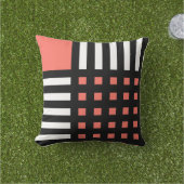 Decorative Coral White Black Grid Stripe Pattern Outdoor Pillow (Grass)