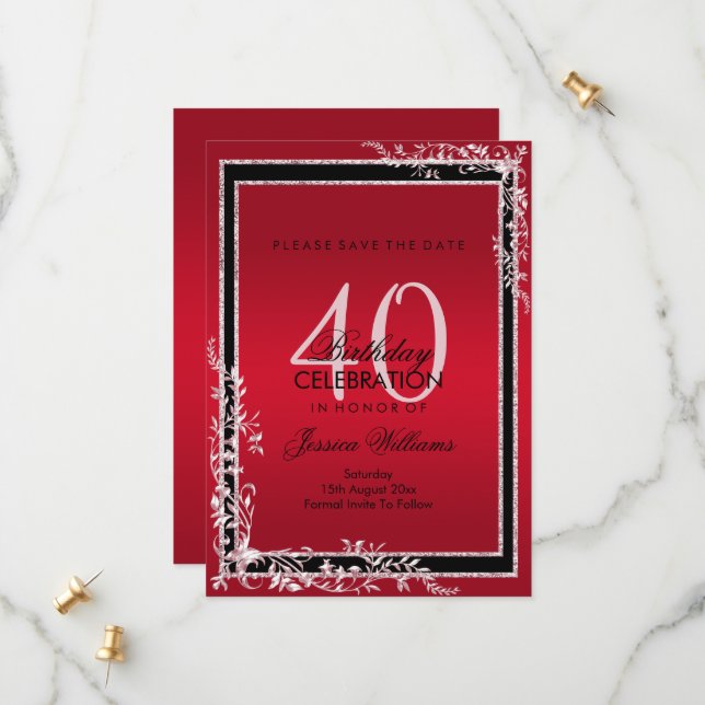 Decorative Corners Ruby & Black Birthday Save The Date (Front/Back In Situ)