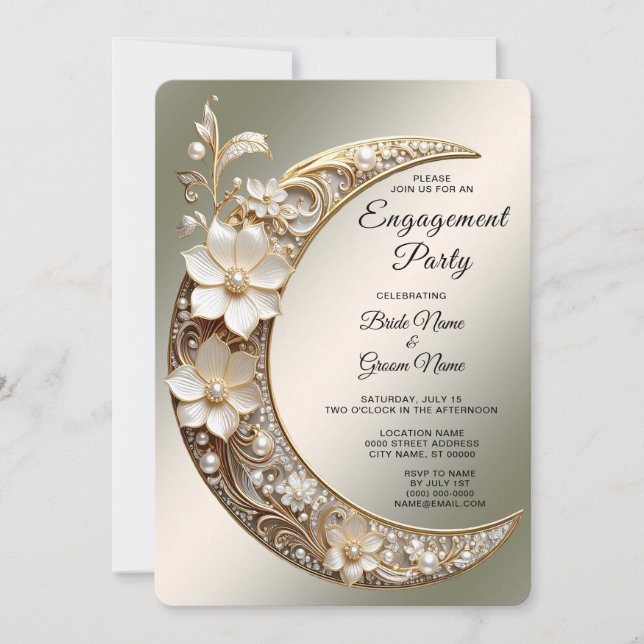 Decorative Crescent Moon Frame Engagement Invitation (Front)