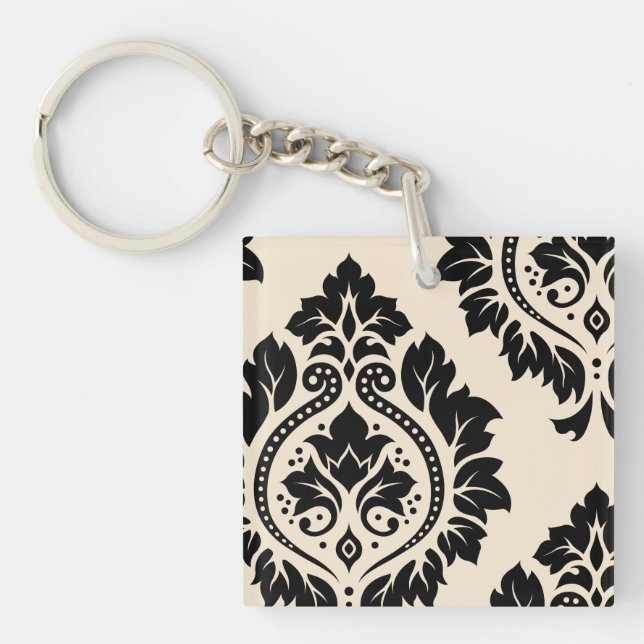 Decorative Damask Art I – Black on Cream Keychain (Front)