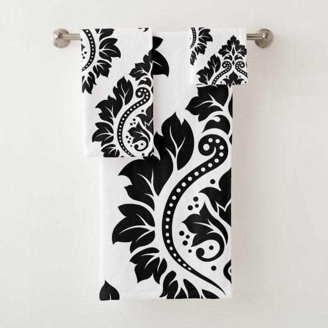 Decorative Damask Art I Black on White Bath Towel Set (Insitu)