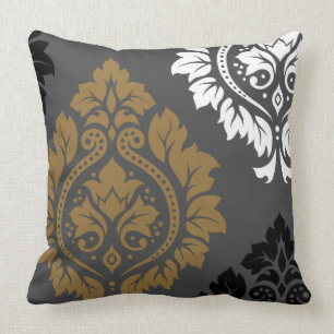 Decorative Damask Art I Gold Black White on Grey Throw Pillow