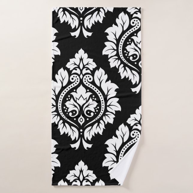 Decorative Damask Art I White on Black Bath Towel (Bath Towel)