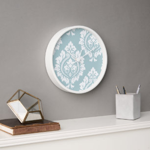 Decorative Damask Art I White on Duck Egg Blue Clock