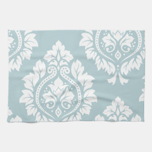 Decorative Damask Art I White on Duck Egg Blue Kitchen Towel
