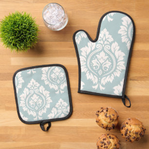 Decorative Damask Art I White on Duck Egg Blue Oven Mitt & Pot Holder Set