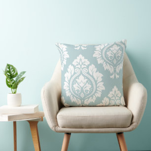 Decorative Damask Art I White on Duck Egg Blue Throw Pillow