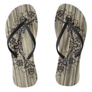 Decorative damask on wood flip flops