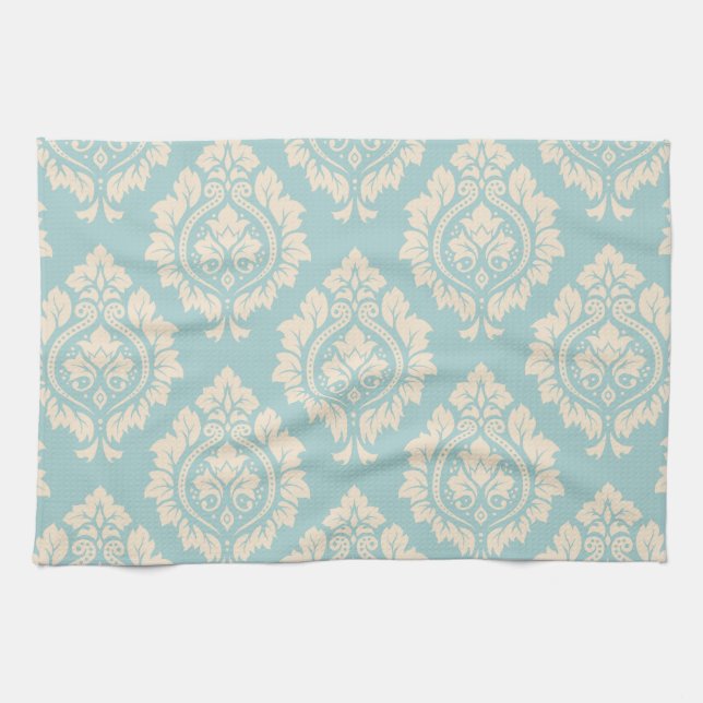 Decorative Damask Pattern – Cream on Blue Kitchen Towel (Horizontal)