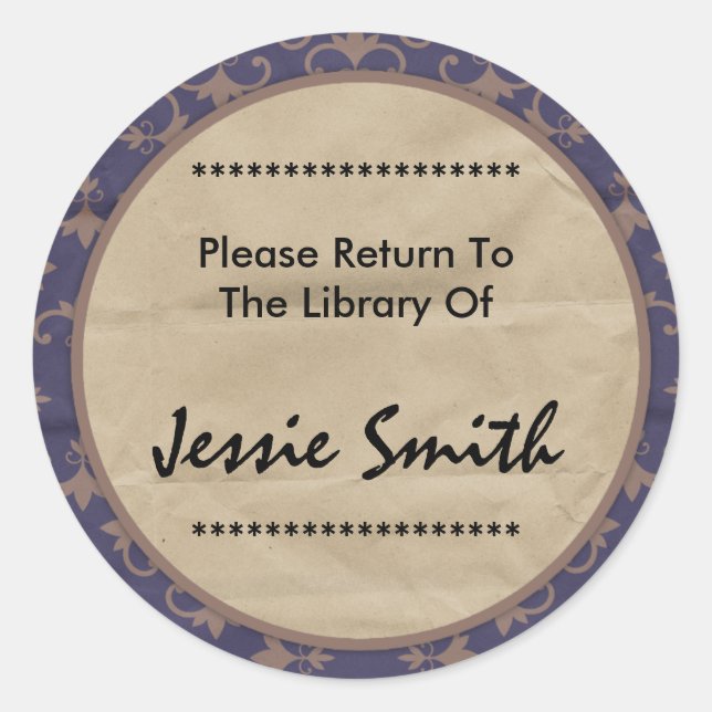 Decorative Damask Pattern Name Address Bookplate Classic Round Sticker (Front)