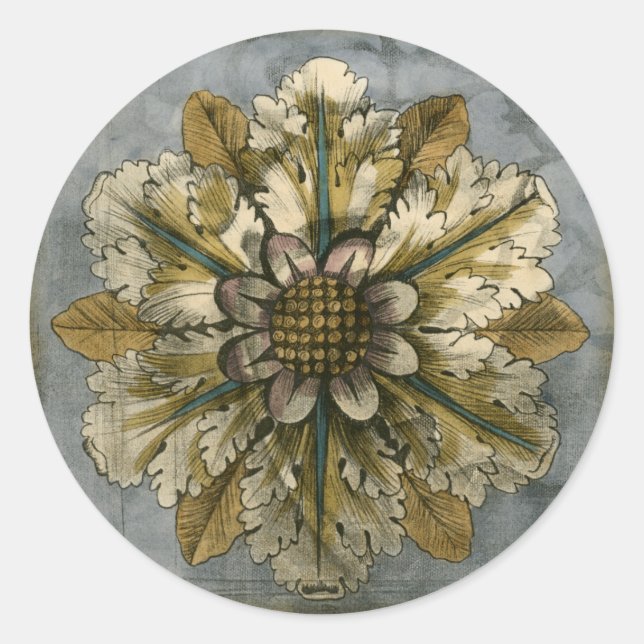 Decorative Demask Rosette on Grey Background Classic Round Sticker (Front)