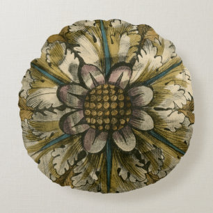 Decorative Demask Rosette on Grey Background Round Pillow