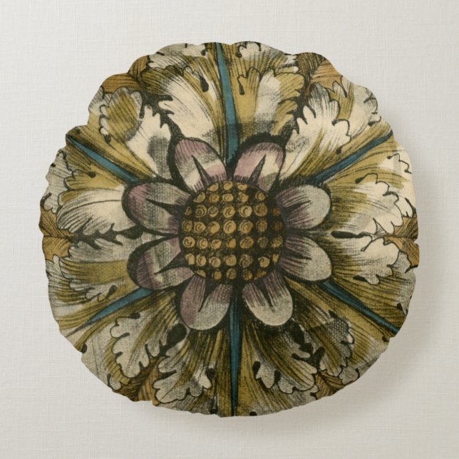 Decorative Demask Rosette on Grey Background Round Pillow (Front)