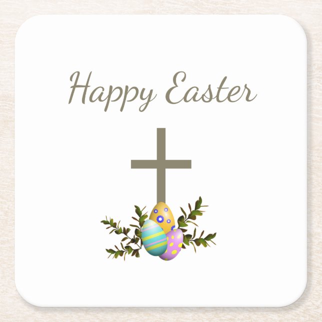 Decorative Easter Eggs Botanical Simple Cross Square Paper Coaster (Front)