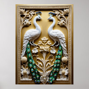 "Decorative Elegance: Plaster Relief with Peacock Poster