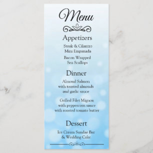 Decorative Elegant Blue Bokeh Wedding Menu Card