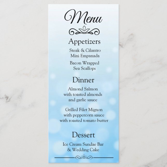 Decorative Elegant Blue Bokeh Wedding Menu Card (Front)