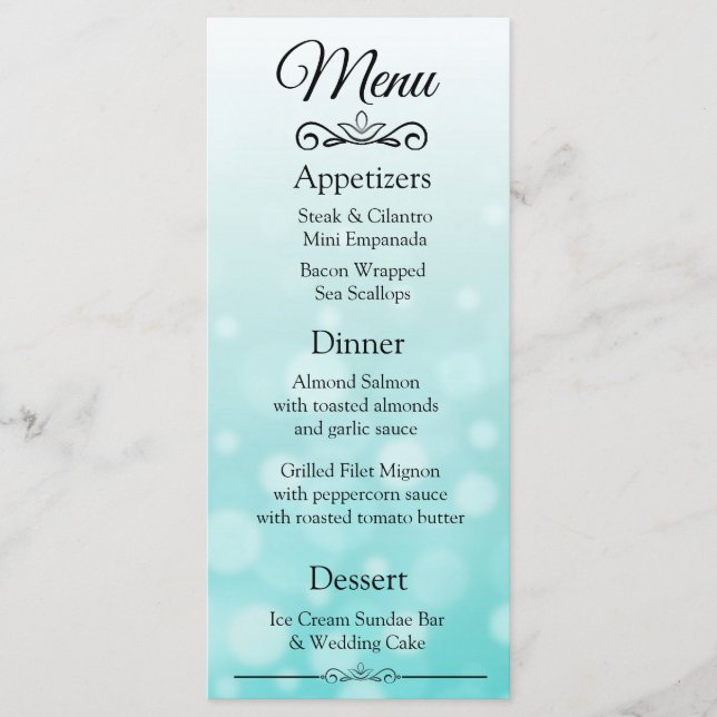 Decorative Elegant Teal Bokeh Wedding Menu Card (Front)