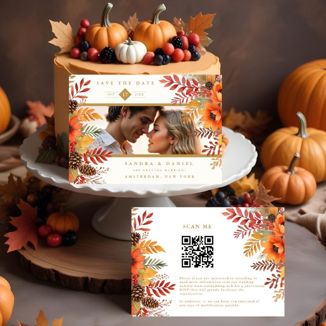 Decorative Fall Foliage & Flowers Photo Wedding  Save The Date (Decorative Fall Foliage & Flowers Photo Wedding Save the Dates Cards.)