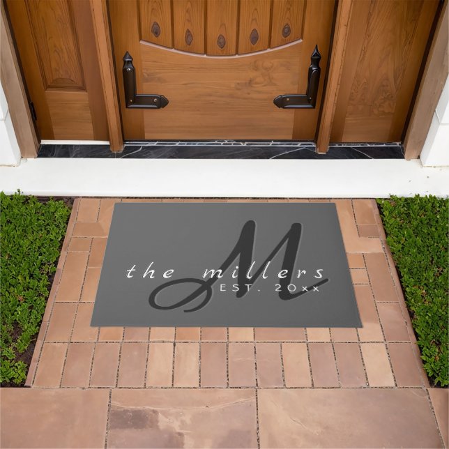 Decorative Family Name & Monogram Script | Grey Doormat (Outdoor)