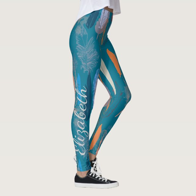 Decorative Feather Design in Blue Personalized Leggings (Right)