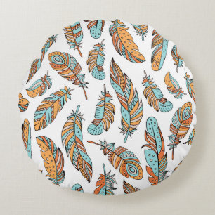 Decorative feathers seamless pattern. Hand drawn v Round Pillow